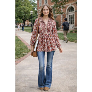 Women's Cristina Red White Printed Ruffle Tunic Top S